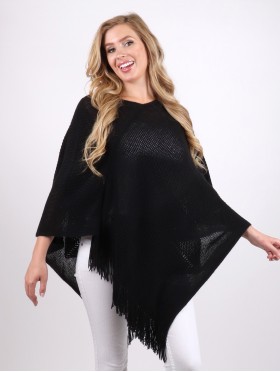 Solid Subtle Panels Poncho W/ Fringe